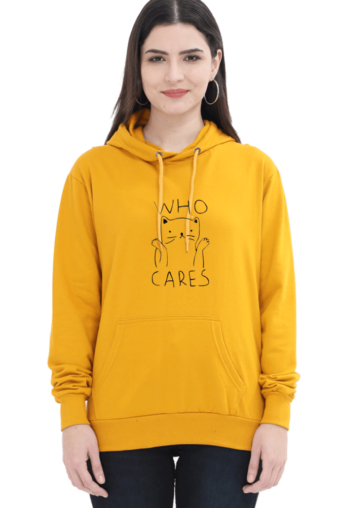 Women's Hooded Sweatshirt - 'Who Cares' Graphic.