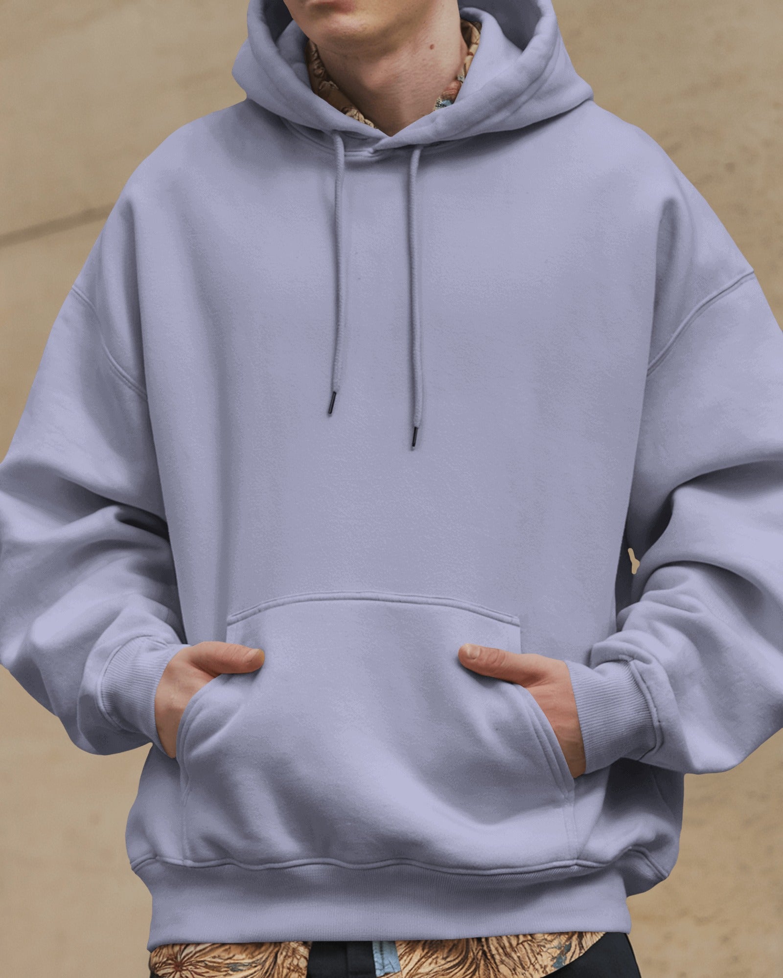 Close-up of the kangaroo pocket on Men’s Oversized Lavender Hoodie